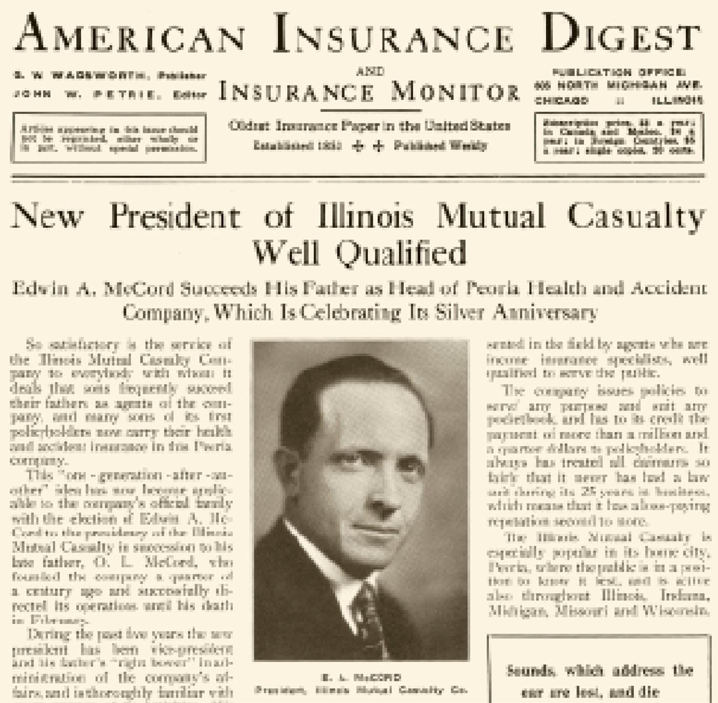 Newspaper article announcing E.A. McCord as President of Illinois Mutual Casualty Company.