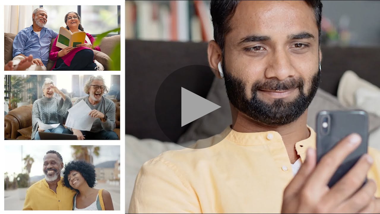 video thumbnail collage image of a man on his cell phone and three sets of couple smiling