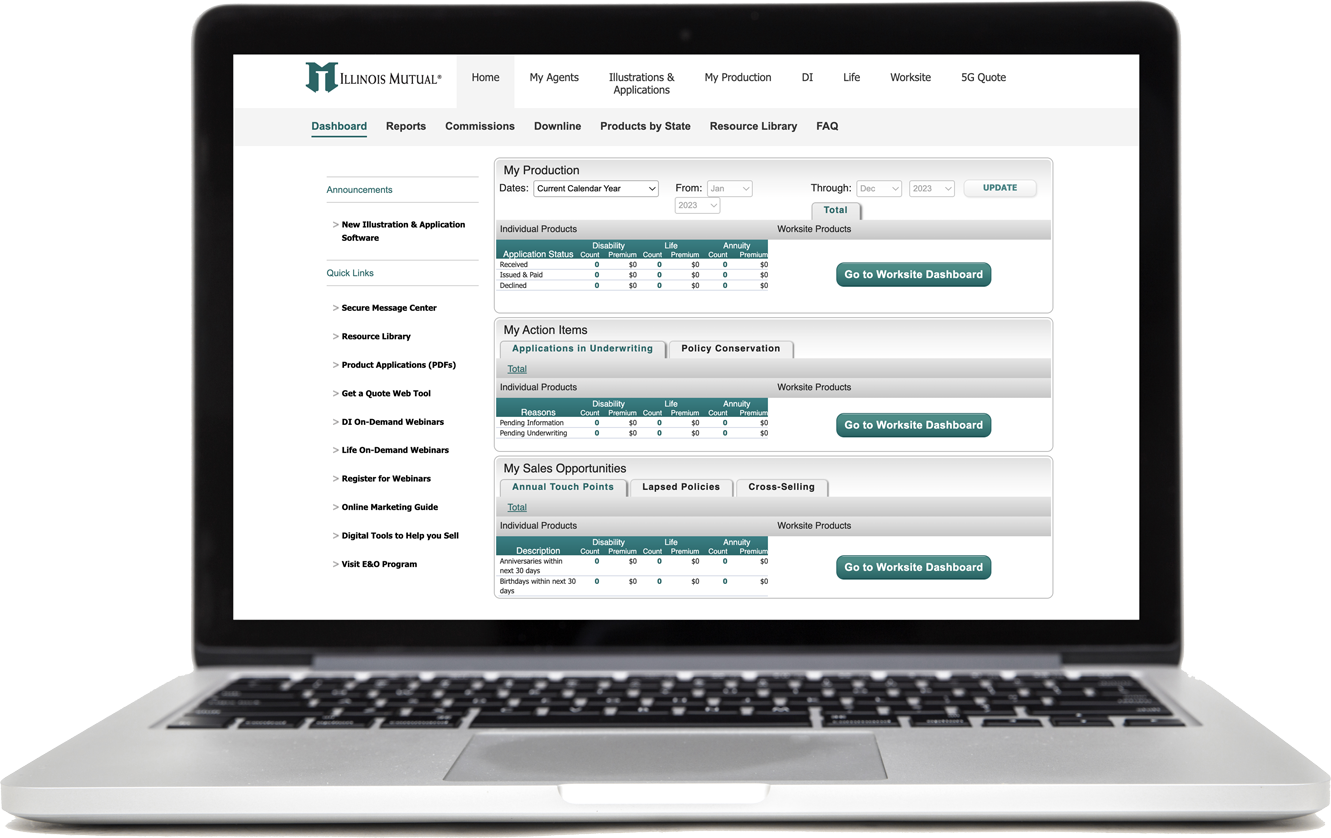 image of a laptop showing the Illinois Mutual Agent Protal page