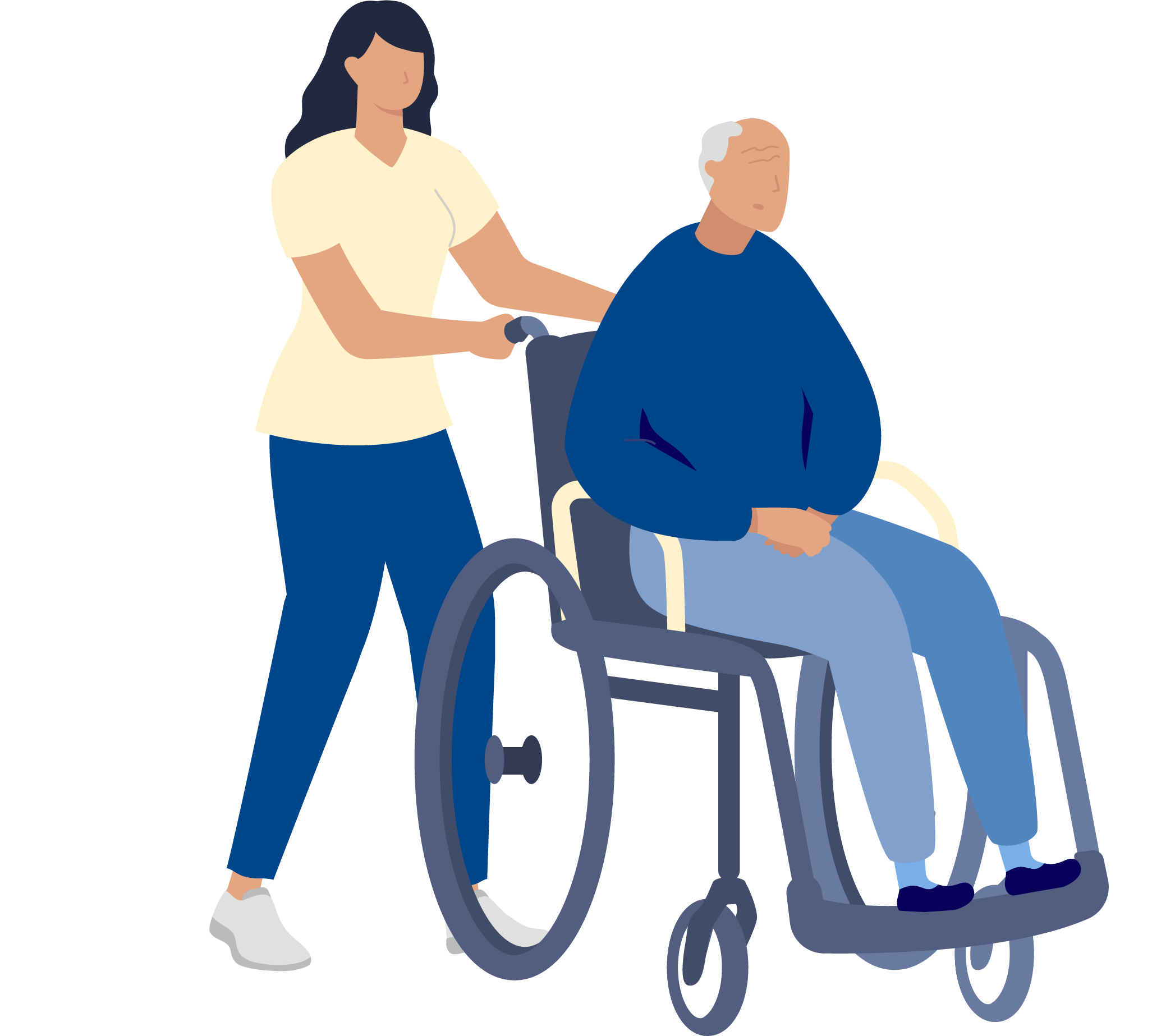 illustrated graphic of a nurse pushing a man in a wheelchair