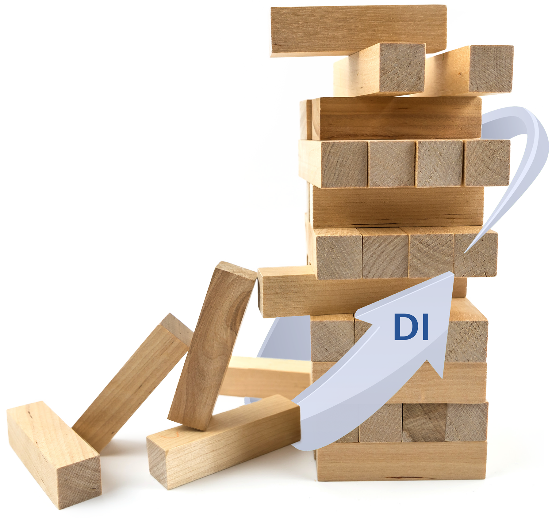 Tower_Sm tower of wooden blocks wrapped by a blue arrow with the letter DI on it