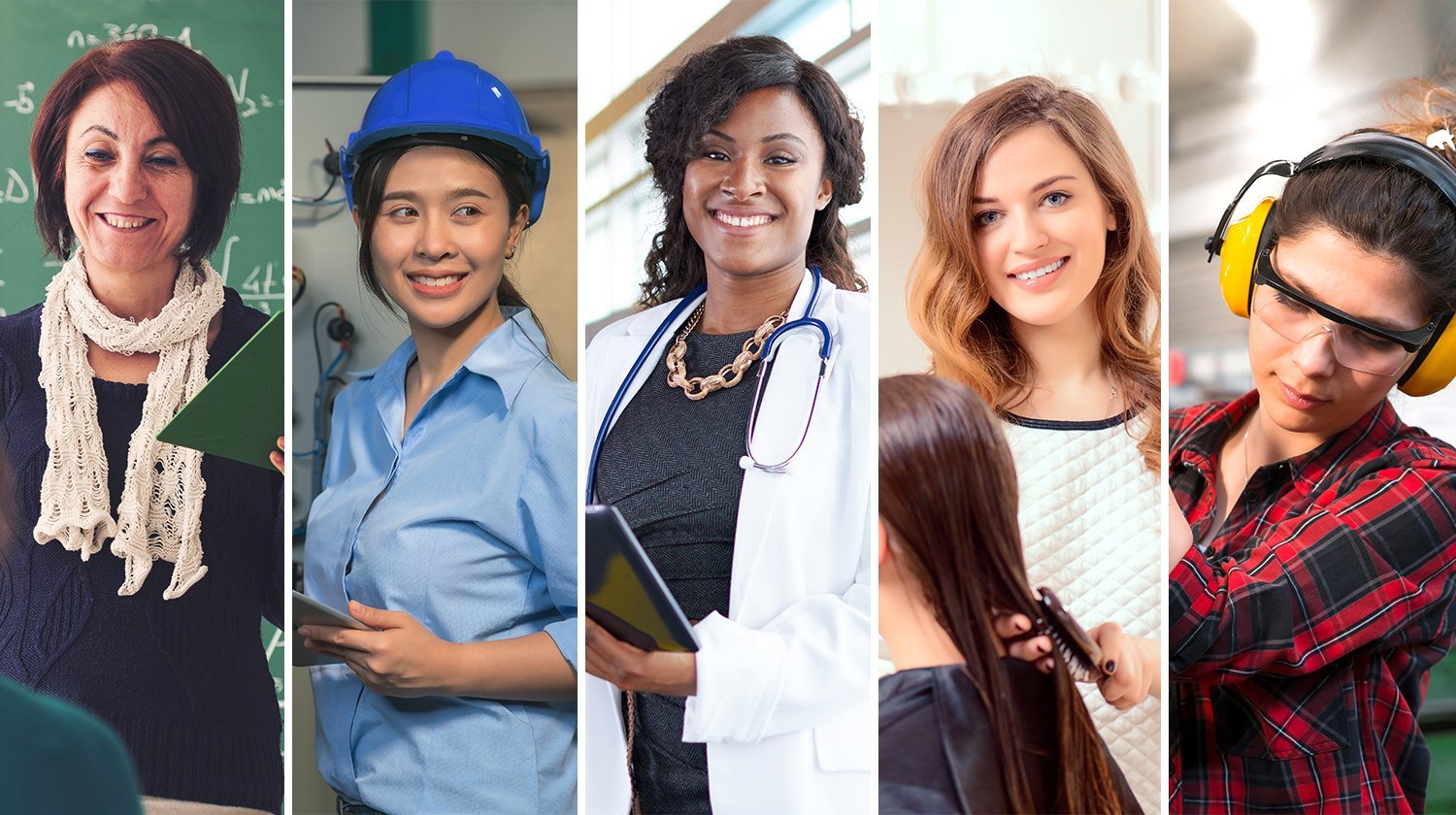 collage of 5 working women in various occupations