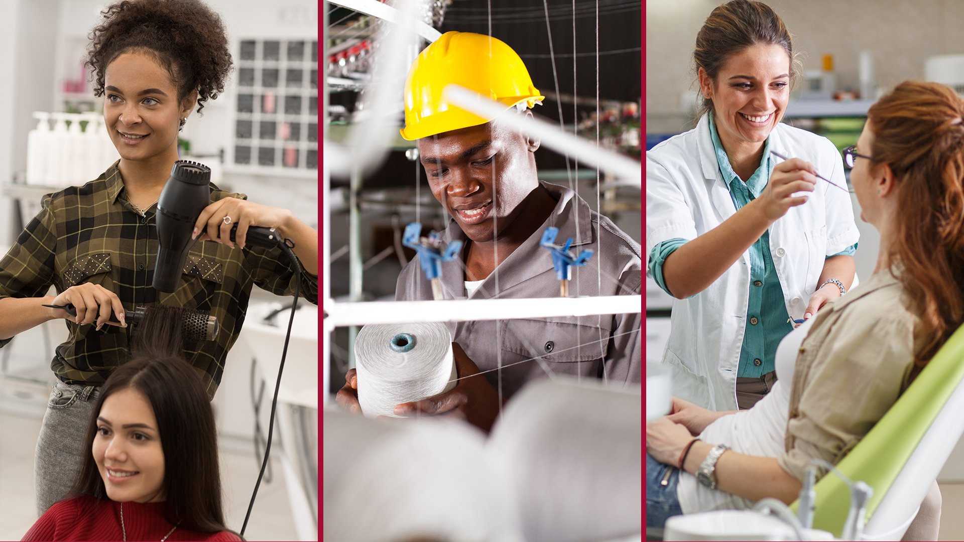 collage of 3 occupations - hairdressers, construction worker, dental hygienist