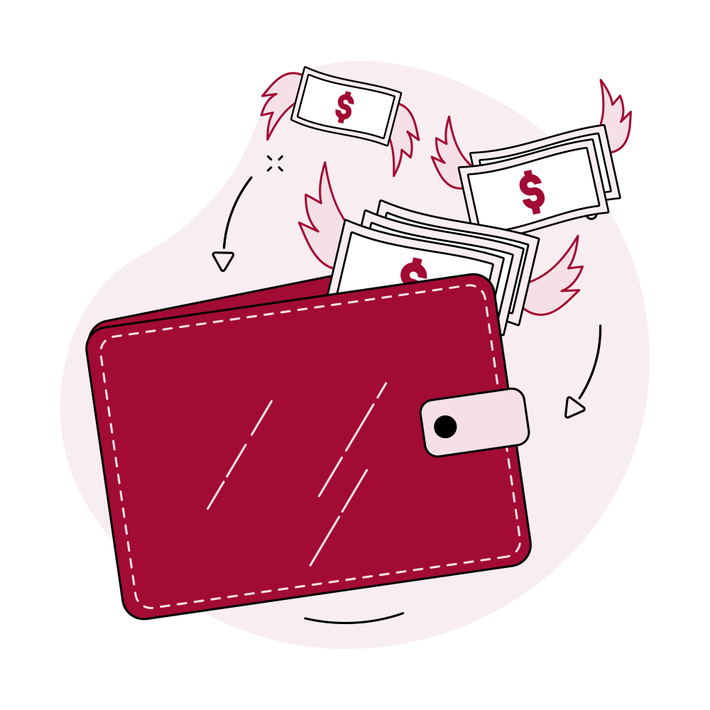 illustrated graphic of a wallet with money flying out of it