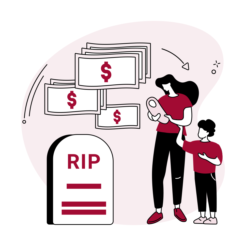 illustrated graphic of a mother and 2 children at a cemetery