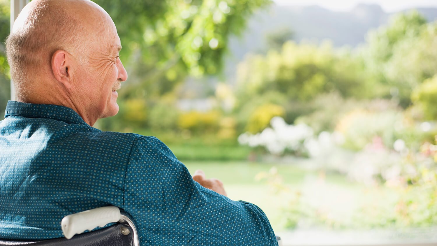 Old man in a wheelchair looking at a garden on a sunny day
