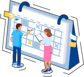 illustrated graphic of a calendar with two people in front of it
