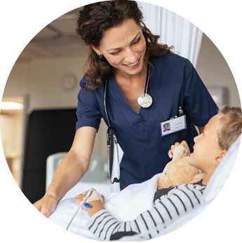 circular framed photo of a nurse with a child patient