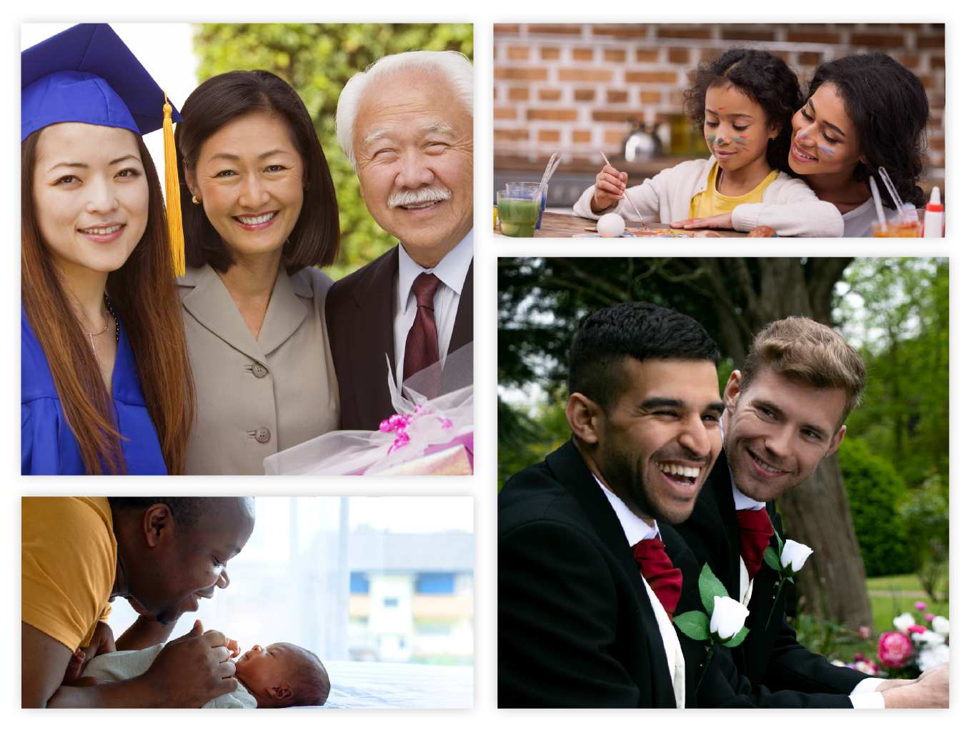 Collage of 4 images that show a granddaughter at graduation with her grandparens, a father with his newborn son, a mom doing a craft with her daughter and two men in suits smiling together