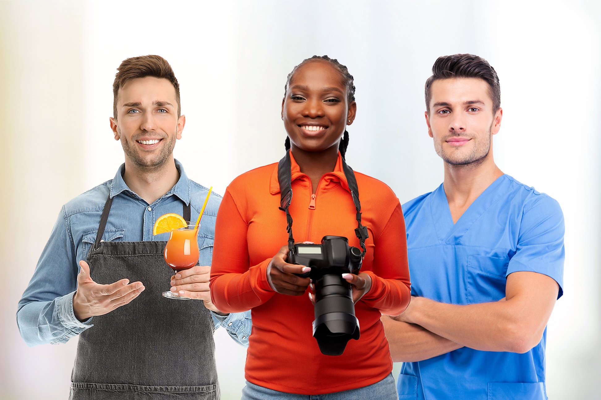 a picture of a bartender, medical intern and a photographer