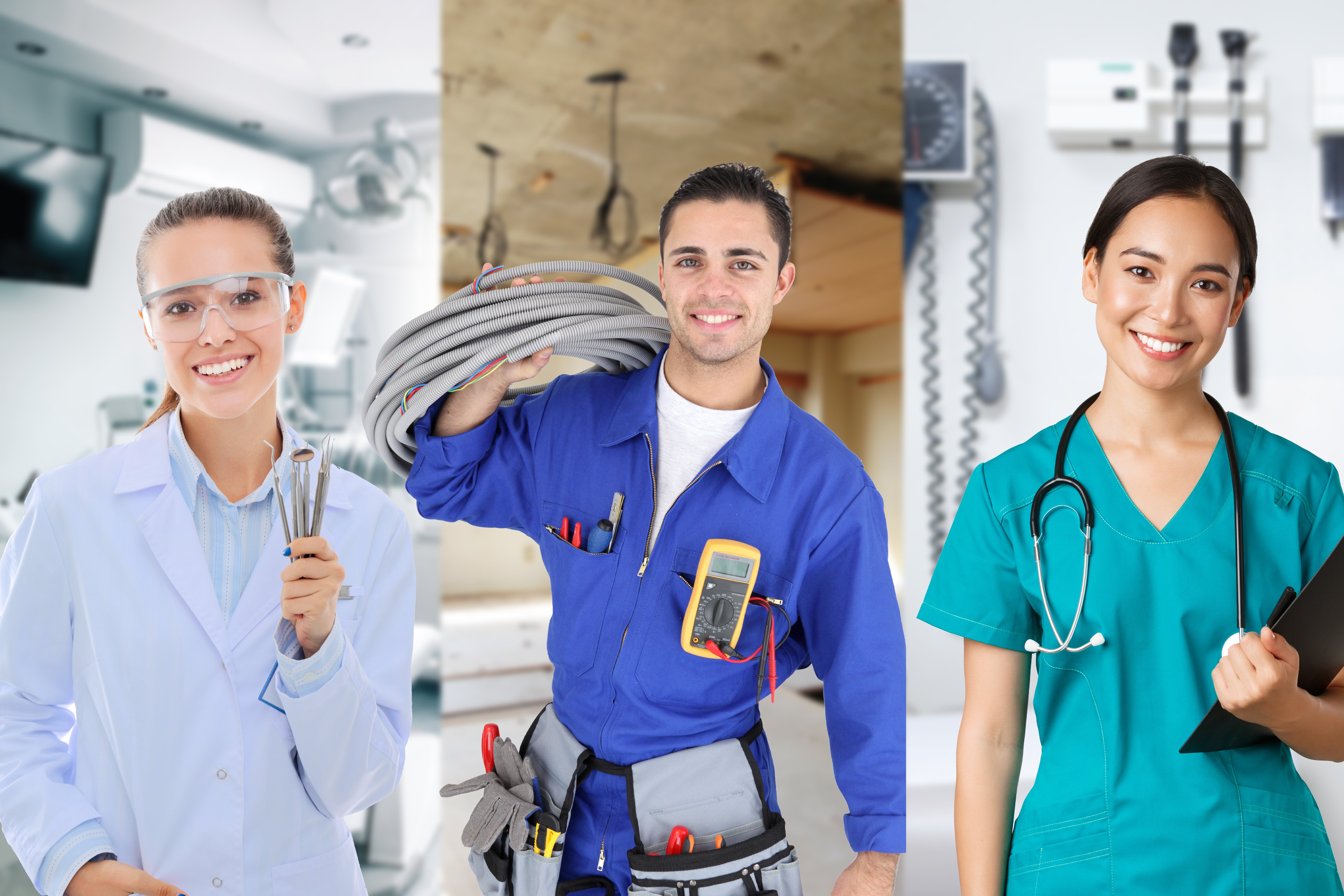 photo collage of dental assistant, electrician and nurse